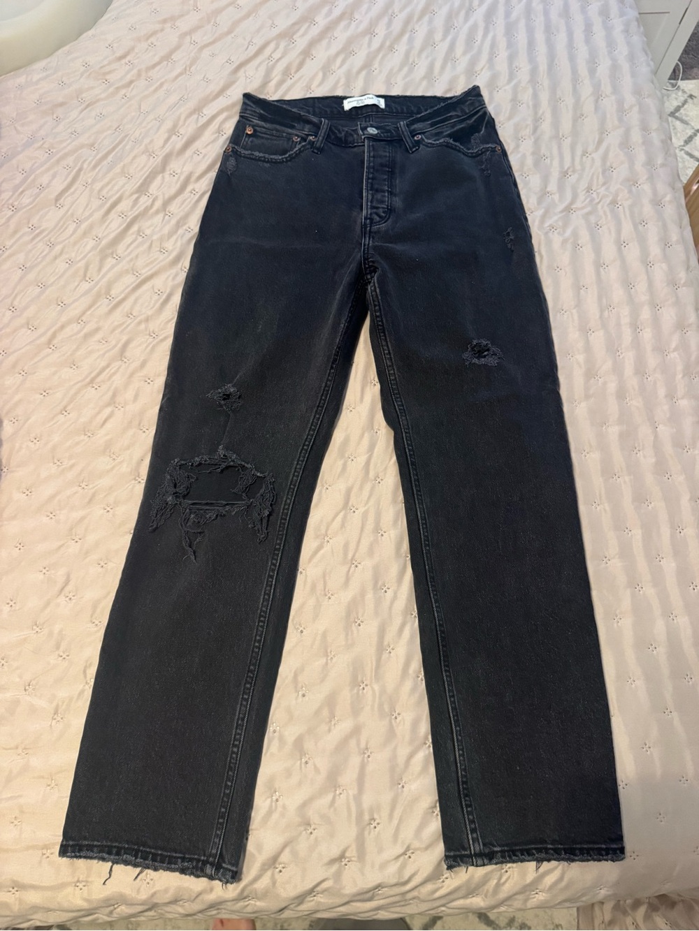 (LONG Length) Black Distressed Straight-Leg Jeans ABERCROMBIE